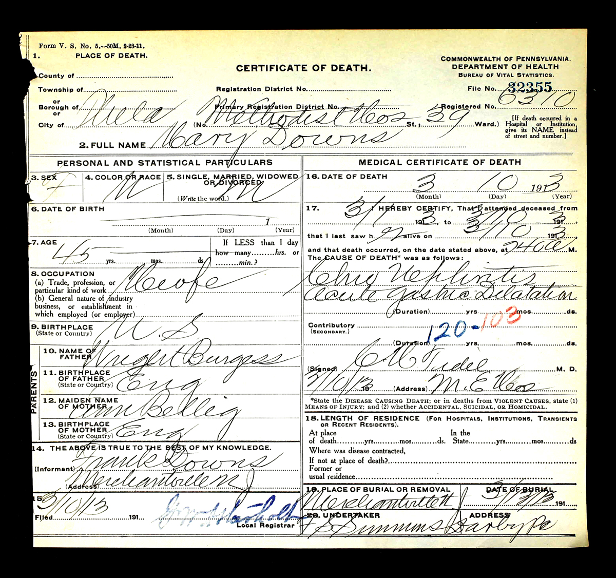 Death Certificate, Mary Hannah Burgess Downes