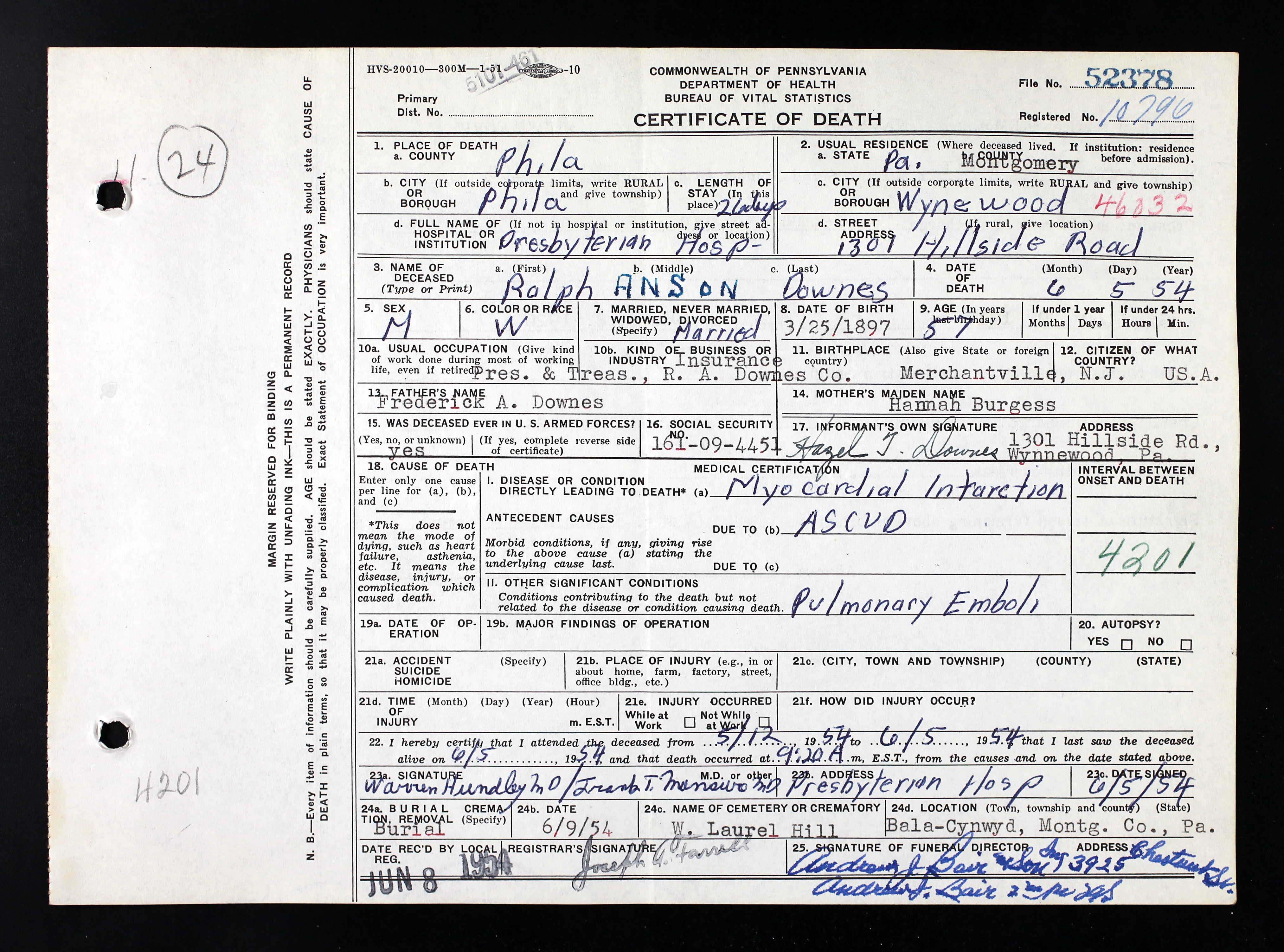 Death Certificate, Ralph Anson Downes
